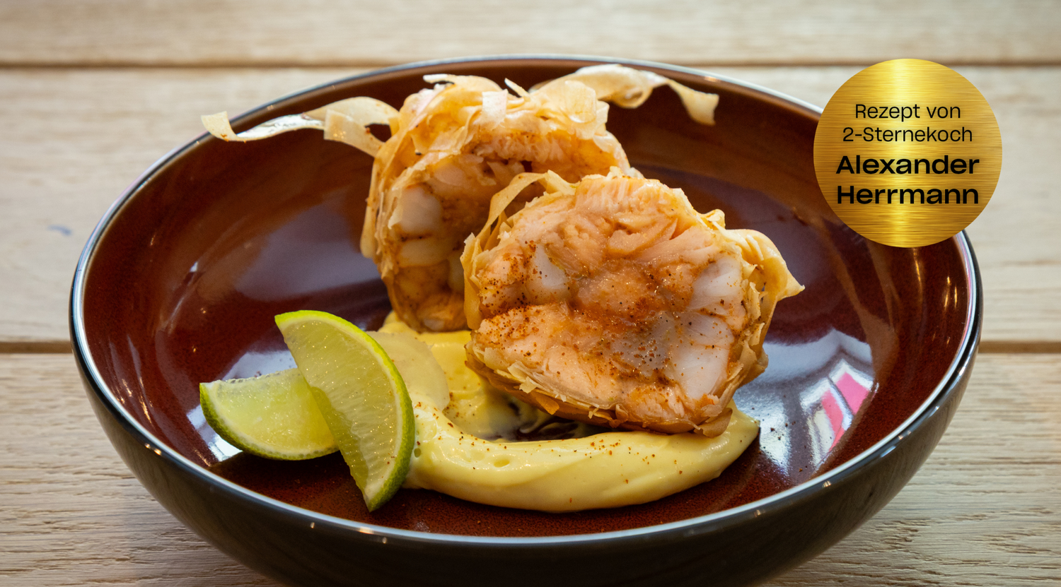 Gebackene Lachs-Garnelen-Praline mit Ingwer-Zitronen-Mayonnaise