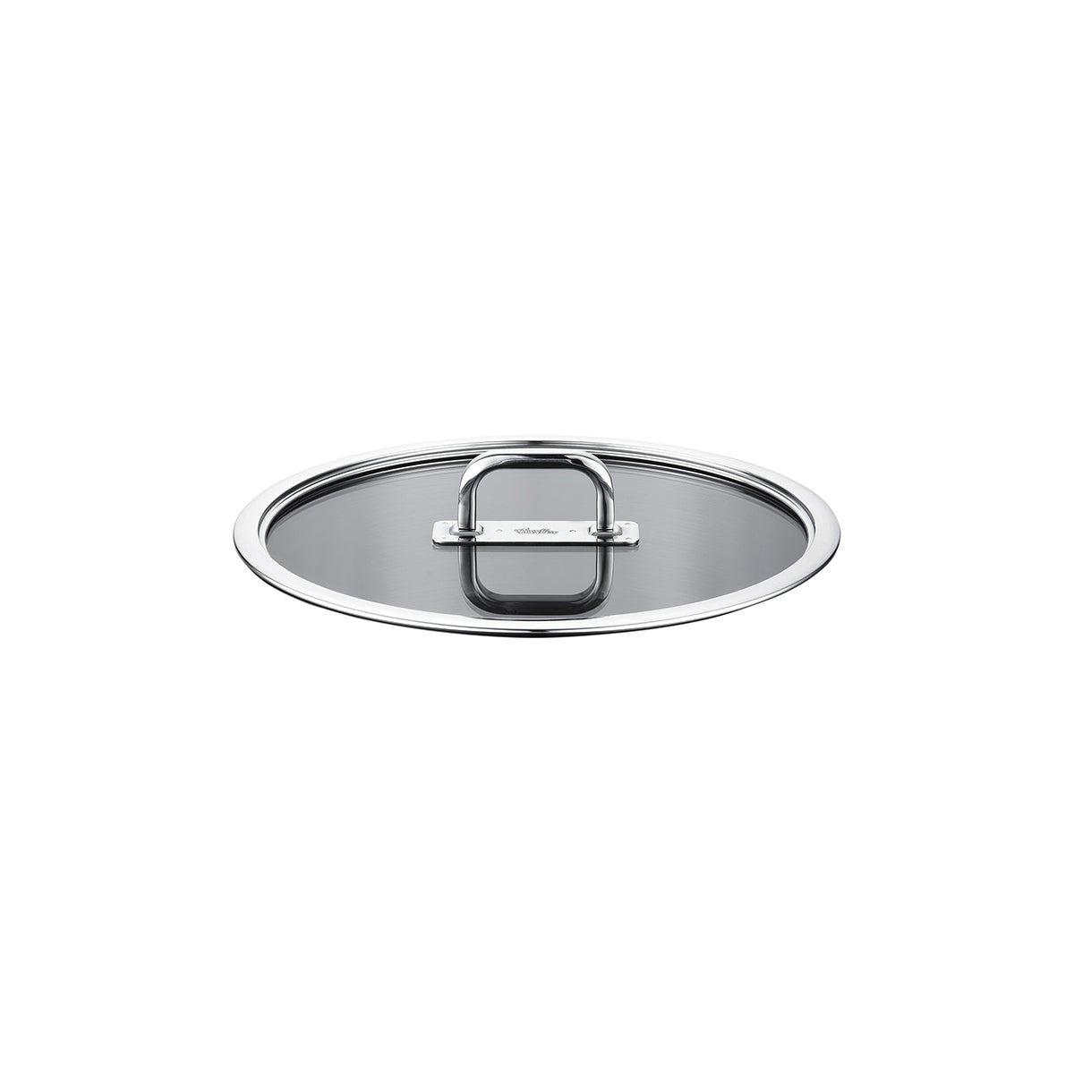 Fissler Viseo® Pro Glass Lid 16 cm, with stainless steel rim and rectangular handle, shown on white background - Made in Germany.