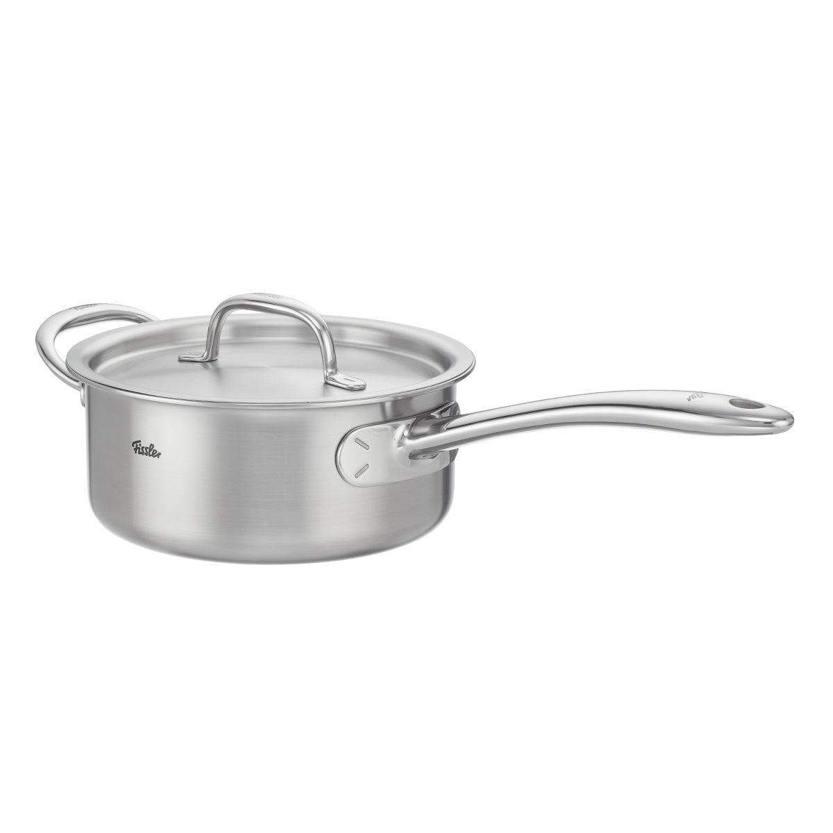 Fissler M5 Pro-Ply Saucepan: German precision stainless steel pot, Lid, dishwasher-safe, on a white background.