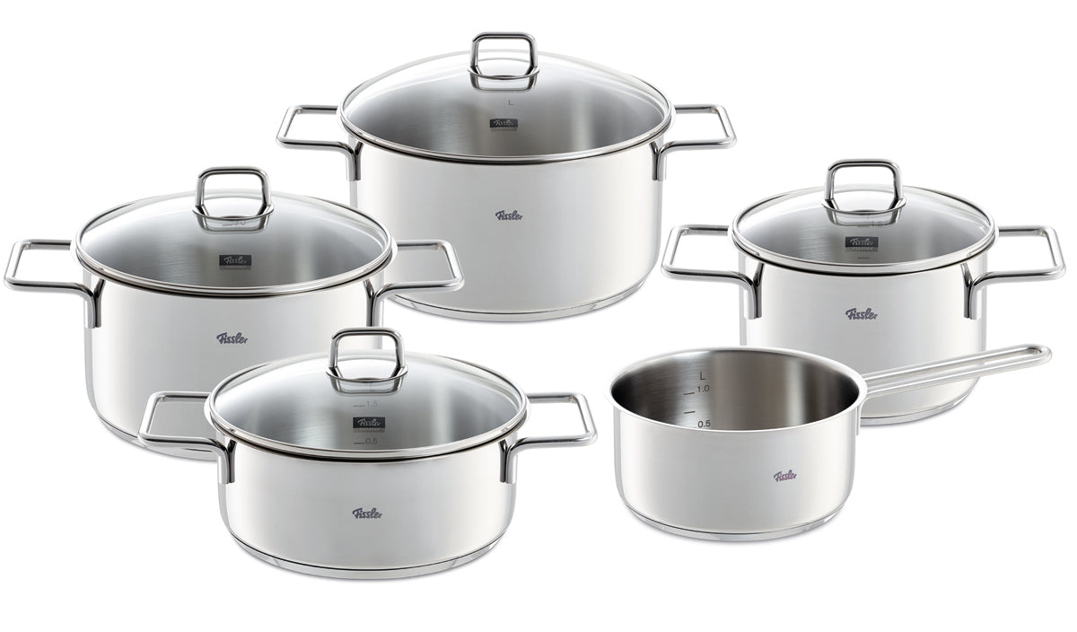 Fissler LumiTherm 5-tlg. Set: vier präzisionsgefertigte Töpfe mit Glasdeckeln, eine Stielkasserolle, alles aus Edelstahl. Hergestellt in Deutschland.