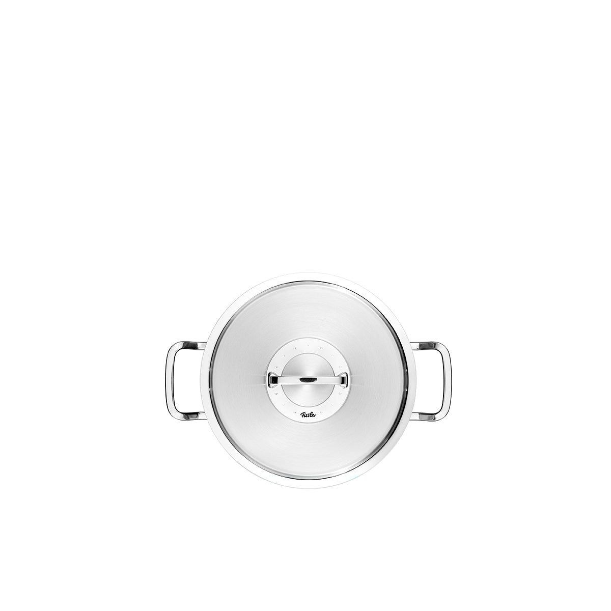 Fissler Original-Profi Collection® Topf mit Metalldeckel und Doppelgriffen, Ansicht von oben. Hochwertiges deutsches Design, induktionsgeeigneter Edelstahl.