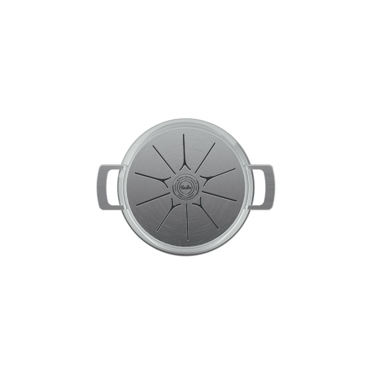 Fissler Phi Collection Edelstahltopf mit Glasdeckel, Ansicht von oben. Elegante Linien, zentrales Logo. Präzisionsfertigung in Deutschland.