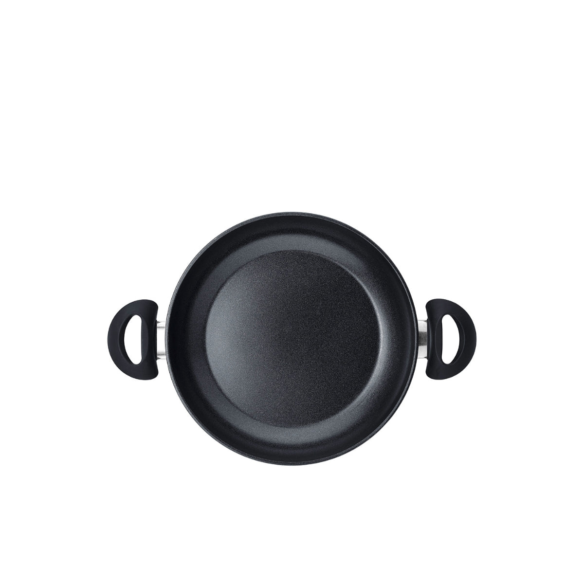 Fissler Essential® 28 cm Frying Pan, Black, Ceramic Non-Stick, Two Short Handles. Modern German Design on White Background.
