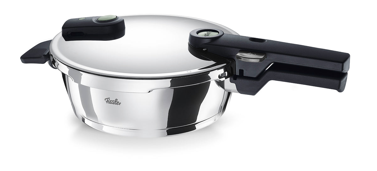 Fissler Vitaquick® Elemental Fast-Fry Pan (22cm, 2.5L) in sage green with black handles - precise German design on a white background.