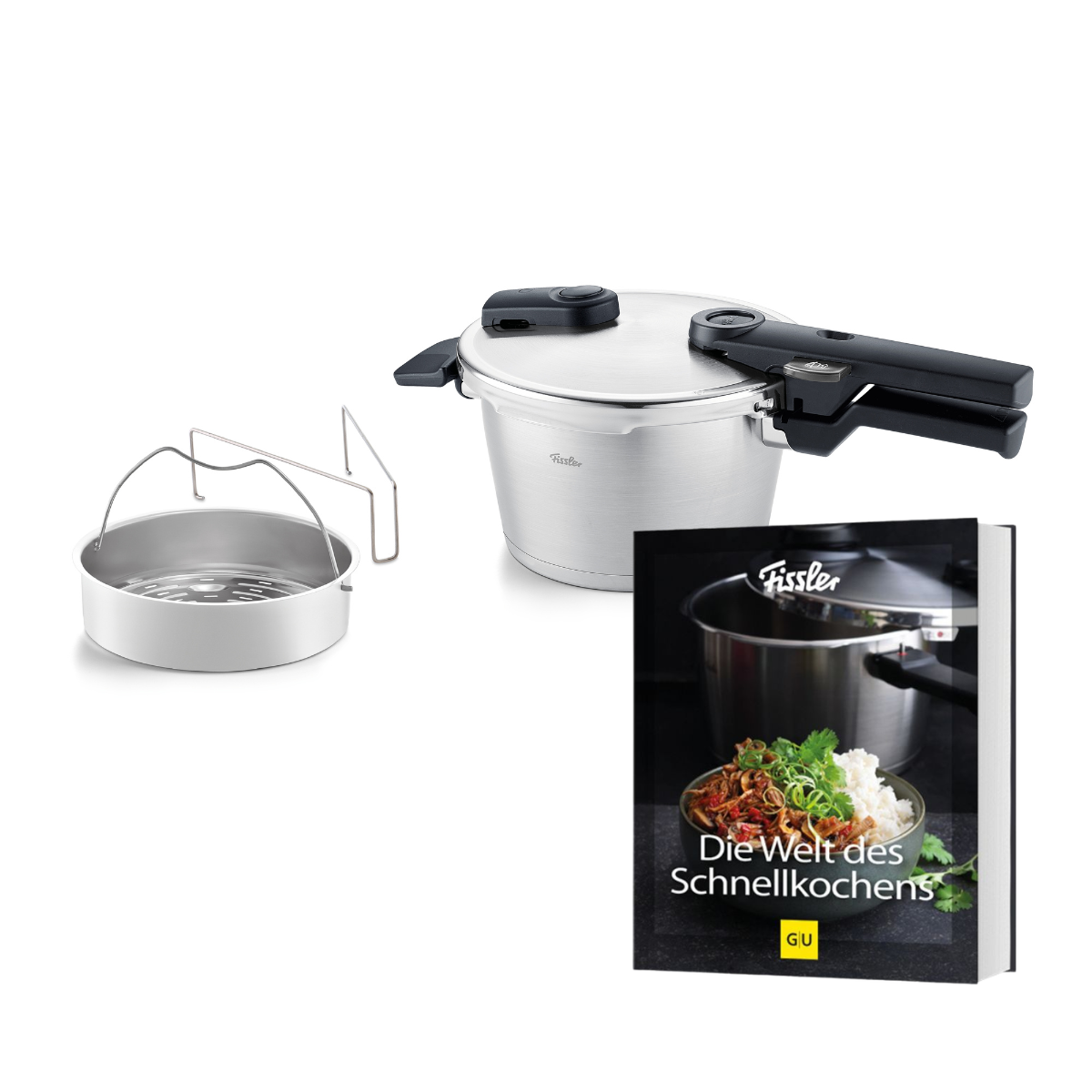 Vitaquick® Premium 2-piece set by Fissler, the heritage brand since 1845, includes a precision-engineered stainless steel pressure cooker with ergonomic black handle, a robust metal steamer insert with rack for versatile cooking, and “Die Welt des Schnellkochens” German cookbook featuring a food image on the cover. Crafted in Germany, this set exemplifies Fissler’s commitment to durability, innovation, and timeless design.