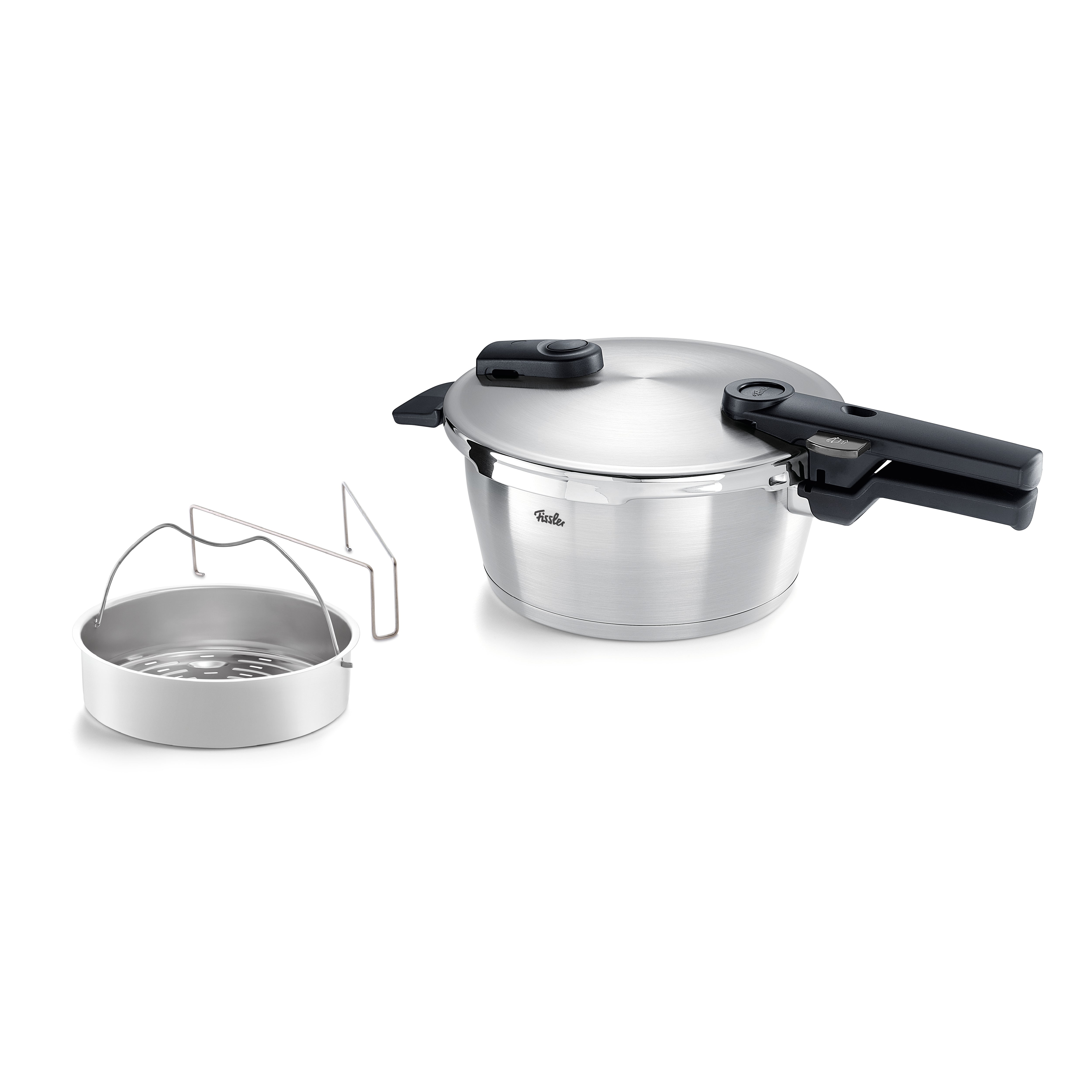 Fissler Vitaquick® Premium Schnellkochtopf aus Edelstahl mit schwarzem Griff und Dämpfeinsatz, Präzisionsfertigung in Deutschland.