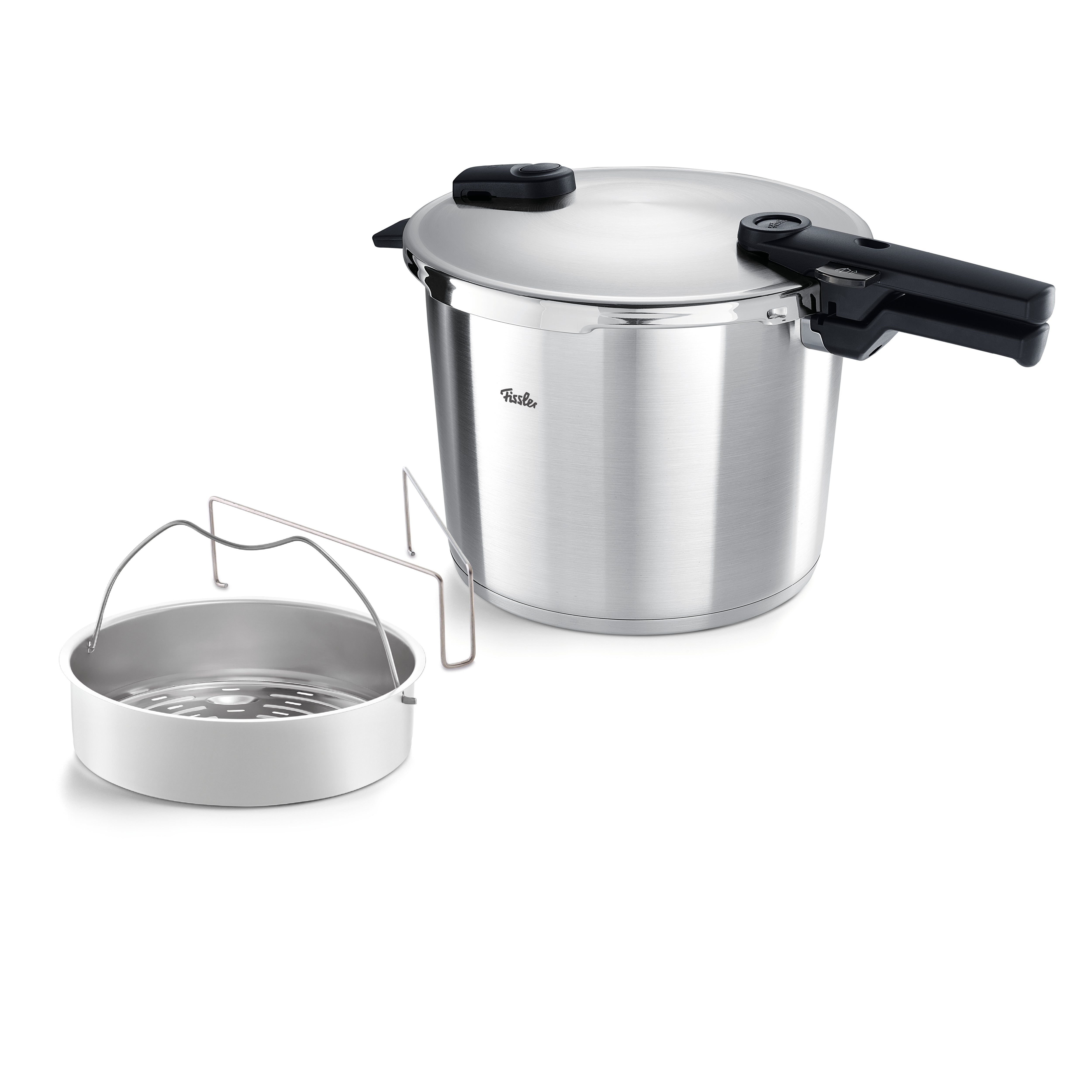 Fissler Vitaquick® Premium Schnellkochtopf mit Dämpfeinsatz und Einsatz, Edelstahl, schwarzer Griff-präzise, modernes Design.