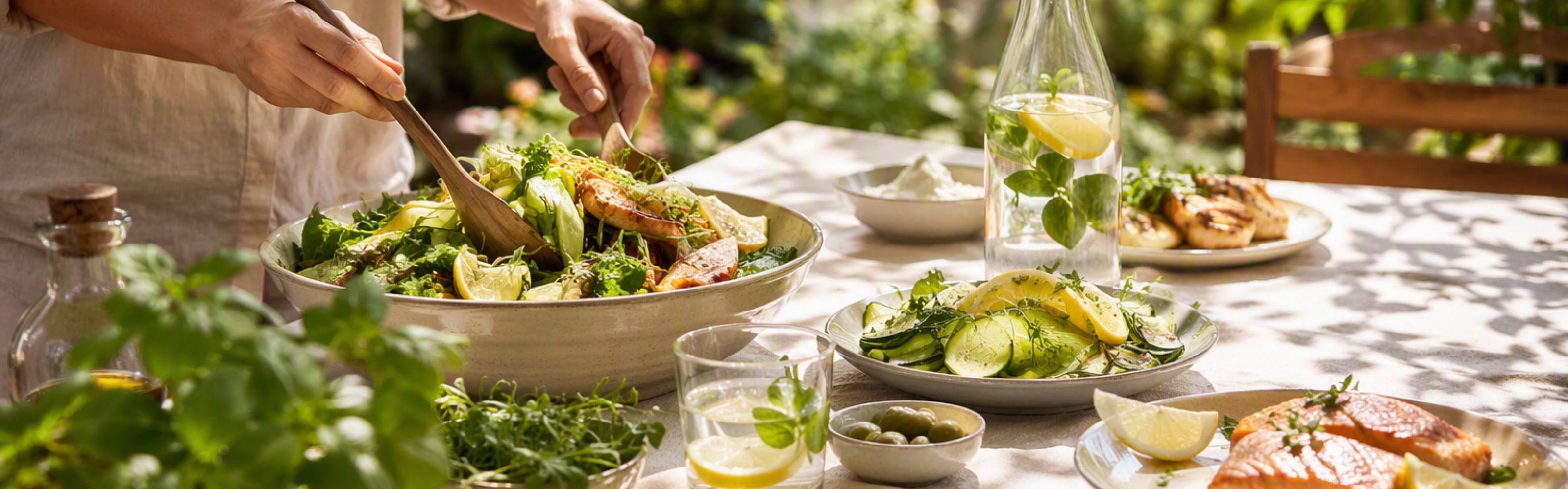 Eine Person serviert im Freien einen frischen grünen Salat und verwendet dabei elegant gestaltete Fissler-Kochgeschirr- und Serviergeschirr aus Edelstahl. Der Tisch, geschmückt mit den präzise gefertigten Töpfen und Pfannen von Fissler, ist gedeckt mit knackigem Salat, frischem Gemüse, Getränken mit Zitrone, Oliven und perfekt gegrilltem Fisch – alles in einem sonnendurchfluteten Garten, der die Langlebigkeit und den zeitlosen Charme der in Deutschland hergestellten Fissler-Produkte unterstreicht.