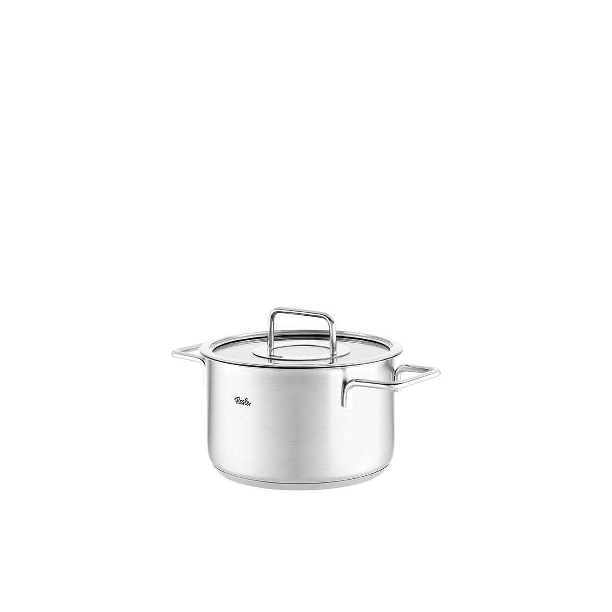 Fissler Pure Collection Cooking Pot with Glass Lid, two handles; German design, durable stainless steel on a white background.