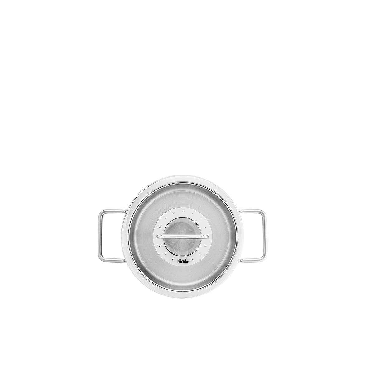 Fissler Pure Collection stainless steel pot with glass lid, two handles; precision-crafted in Germany, historic quality overhead.
