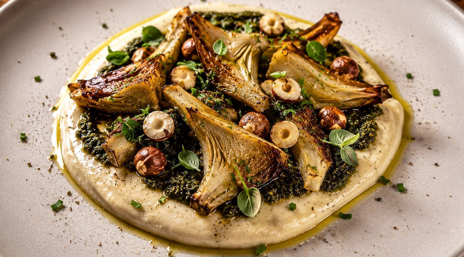 Artischocken auf Cannellini-Bohnencreme mit Oregano-Chimichurri, gerösteten Haselnüssen und Parmesan