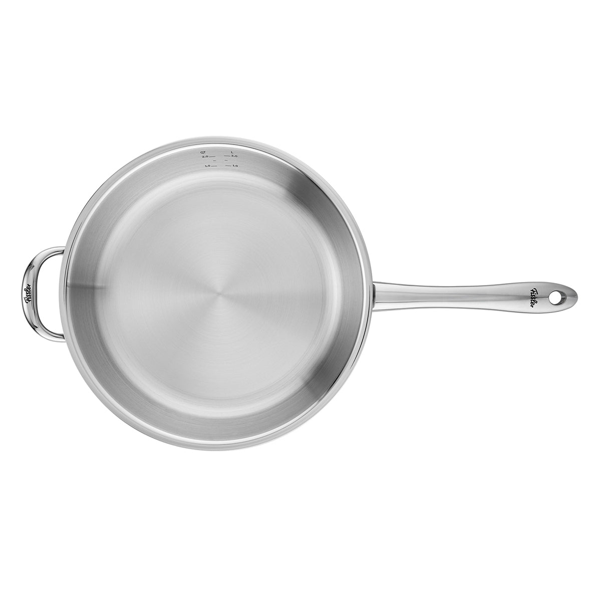 Elegantly displayed from above on a pristine white background, the Fissler M5 Pro-Ply® Pfanne showcases Fissler’s commitment to precision engineering and timeless German design. Made from recyceltem Edelstahl with both long and short handles, this induction-compatible pan exemplifies exceptional durability and easy cleaning—hallmarks of Fissler cookware since 1845. A modern essential for any kitchen, blending sustainable innovation with enduring quality.