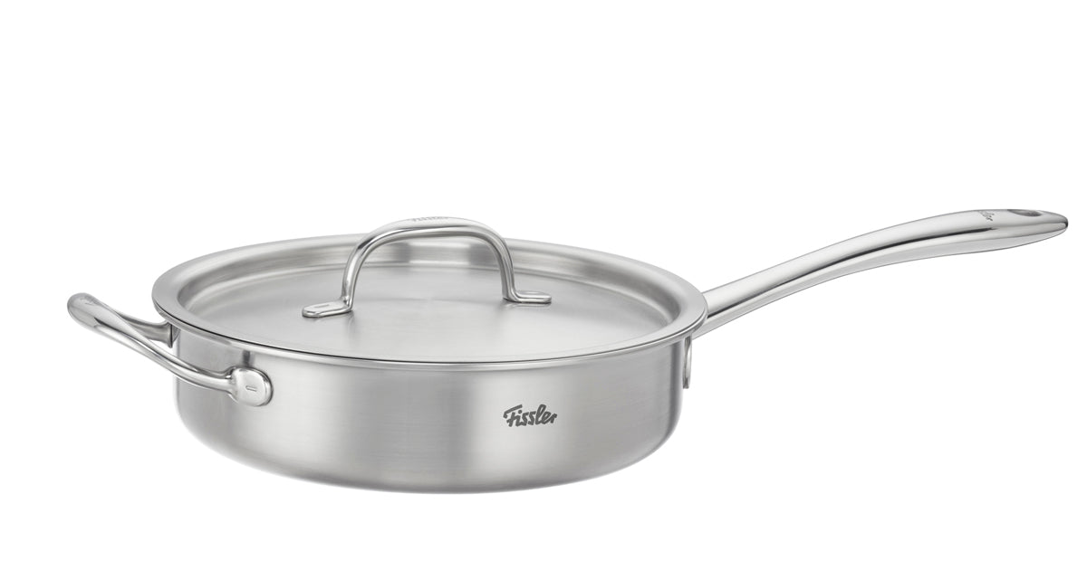 Fissler M5 Pro Ply® 3-piece Cookware Set, recycled stainless steel, ergonomic handles, Fissler logo, lid; for induction cooktops.