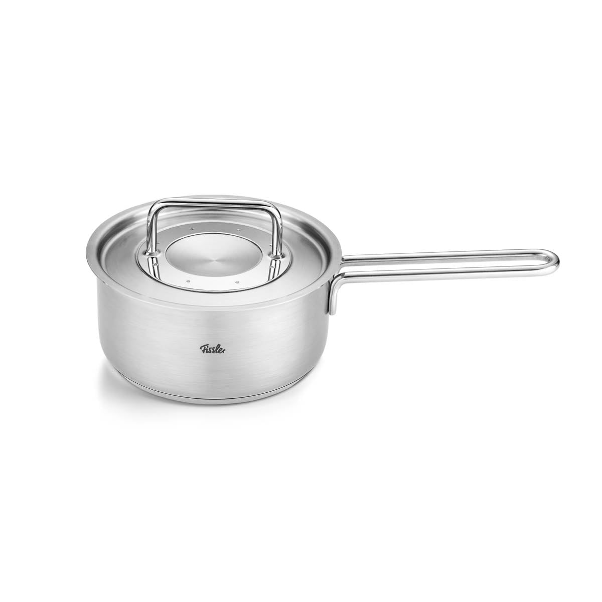 The Fissler Pure Collection Stielkasserolle, expertly crafted from high-quality stainless steel and featuring a long ergonomic handle along with a precision-fitted lid, stands elegantly on a plain white background. As part of Fissler’s renowned “Made in Germany” heritage since 1845, this saucepan exemplifies innovative design, durability, and timeless style—perfect for elevating modern kitchens.