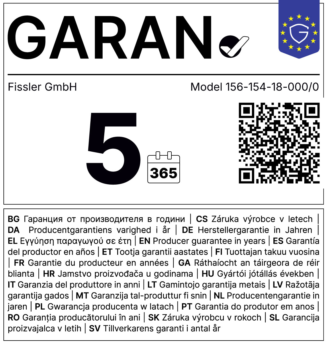 GARAN-Siegel für 5 Jahre Garantie Jahre freiwillige Herstellergarantie.