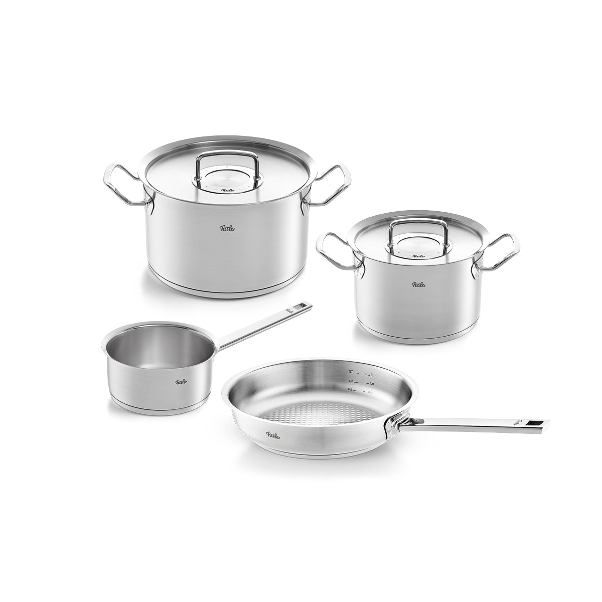 Fissler Original-Profi Collection® 4-piece stainless steel pot set with metal lids, made in Germany, on a white background.
