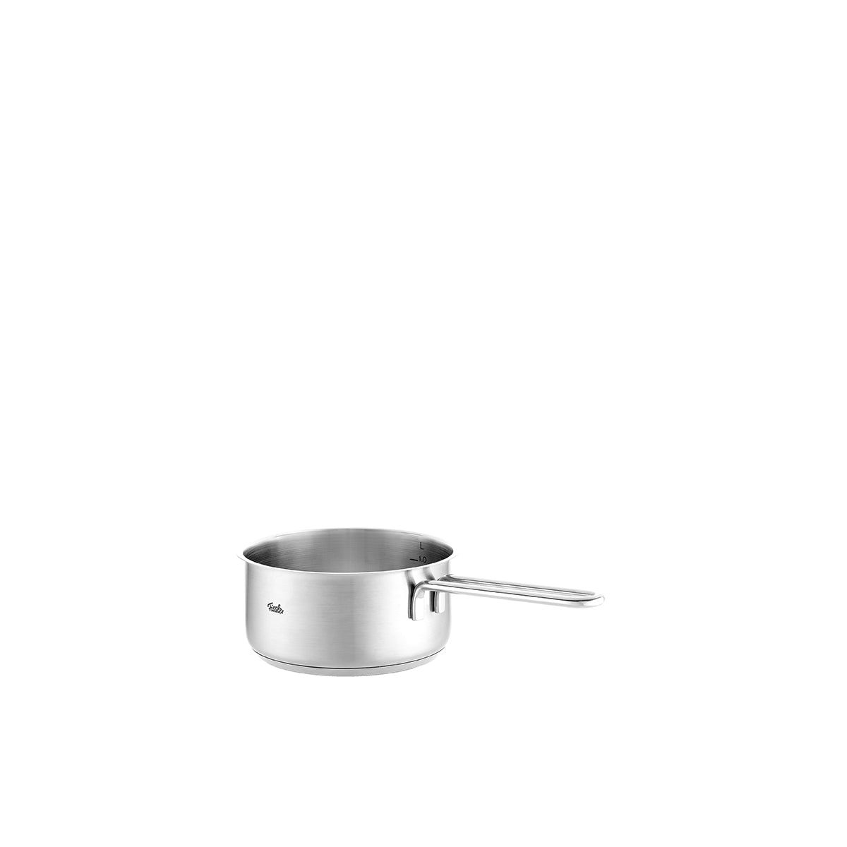 The Fissler Pure Collection Stielkasserolle—a small, elegantly designed saucepan crafted from premium stainless steel—sits centered on a white background, embodying Fissler’s heritage of German precision engineering, durability, and timeless innovation.