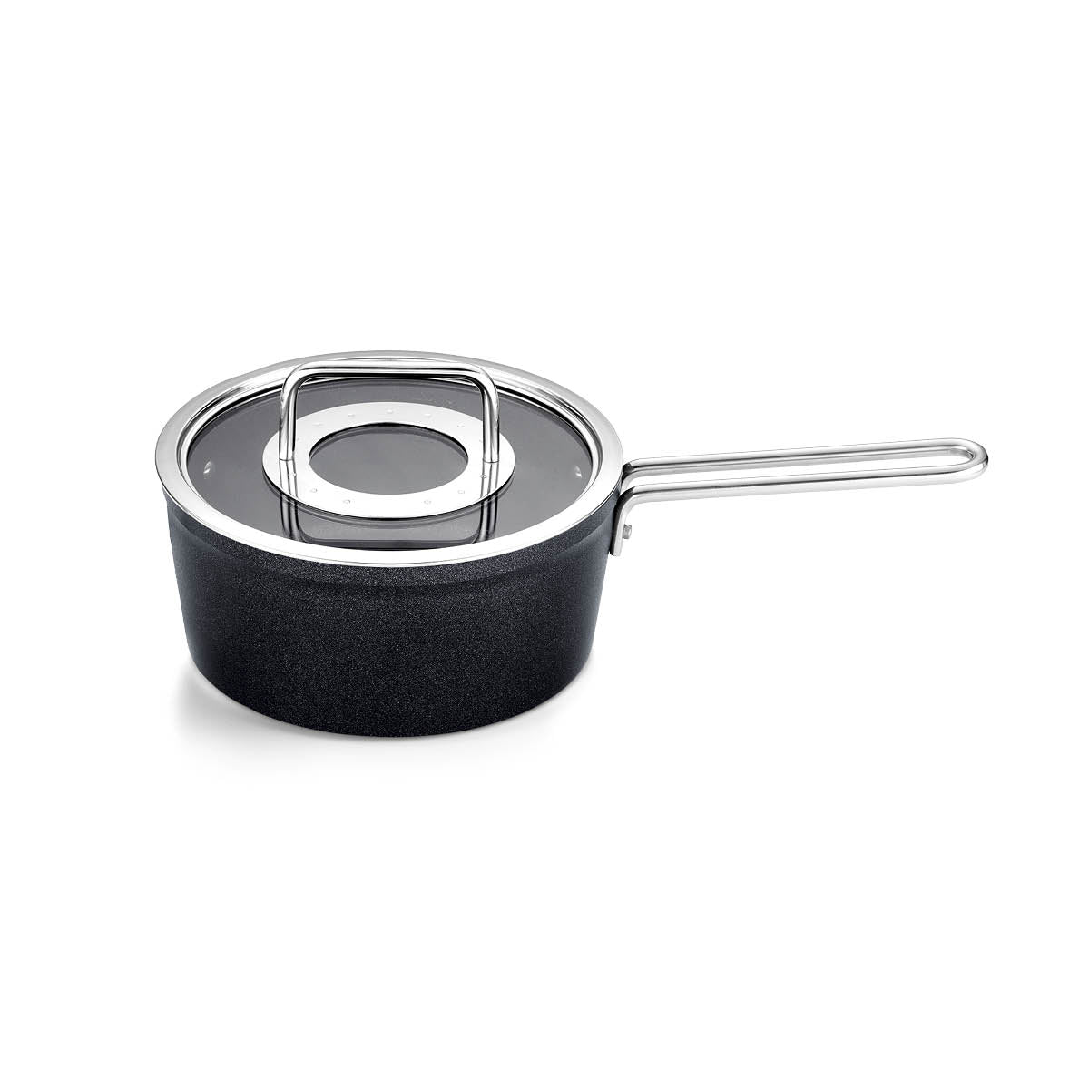 Fissler Adamant® 18cm Saucepan with Glass Lid, scratch-resistant, silver handle. Precision and design from Germany, top view.
