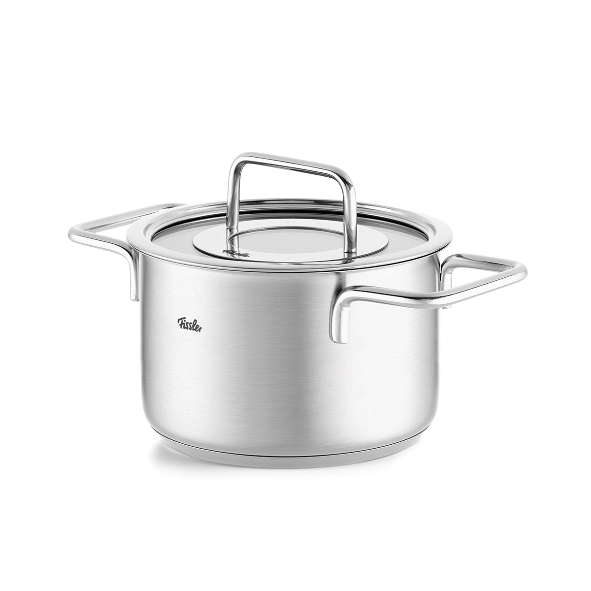 Fissler Pure Collection Cooking Pot with Glass Lid, stainless steel, two handles, Glass Lid; precision made in Germany.