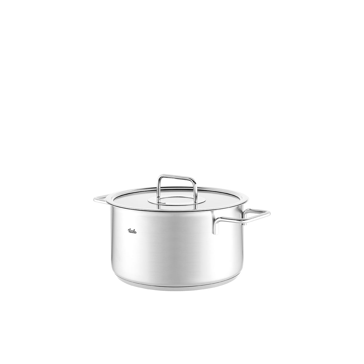 Fissler Pure Collection Cooking Pot with Glass Lid, German stainless steel pot with two handles, on a white background.