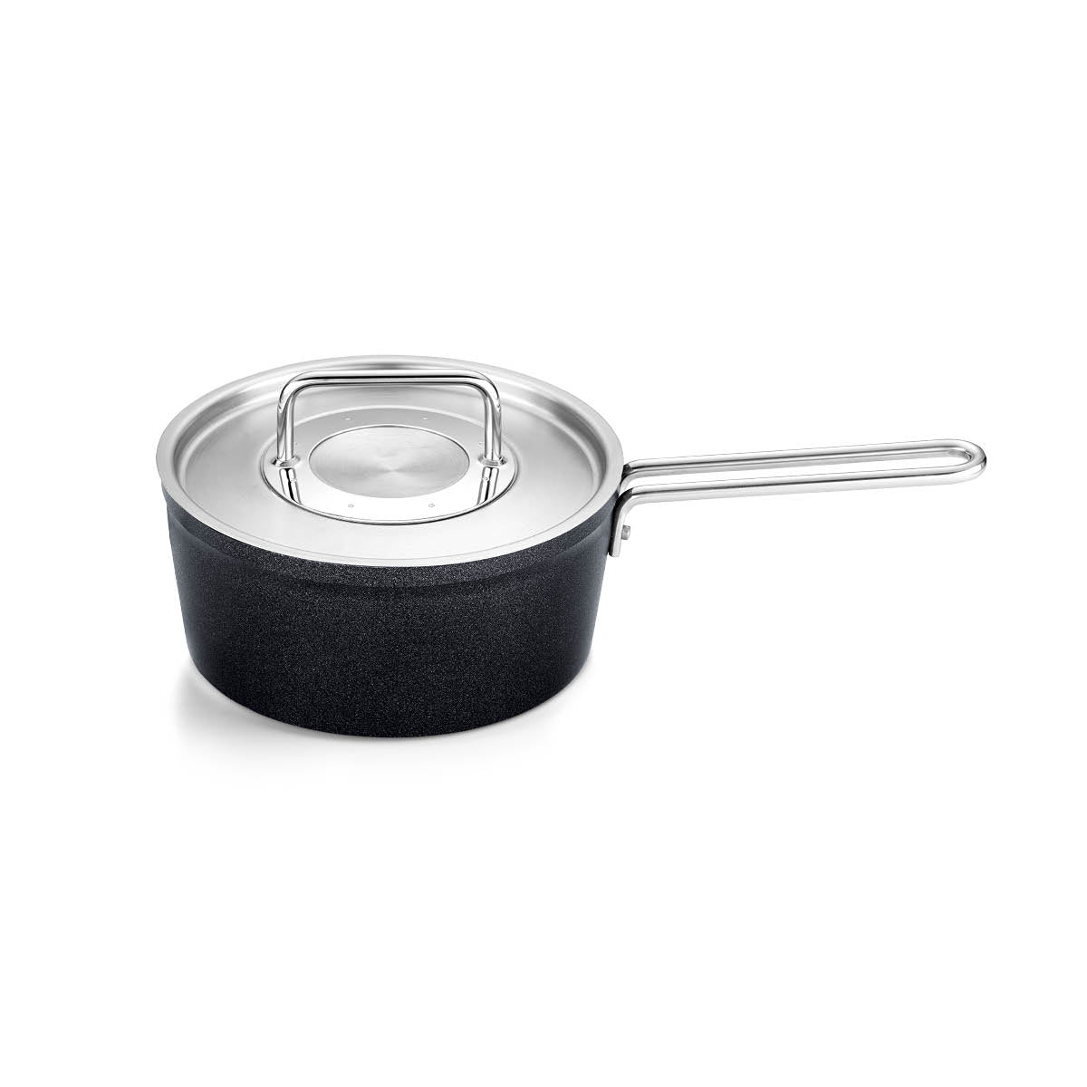 Fissler Adamant® 18cm Saucepan, black, with metal handle/lid, German non-stick cookware on white background.