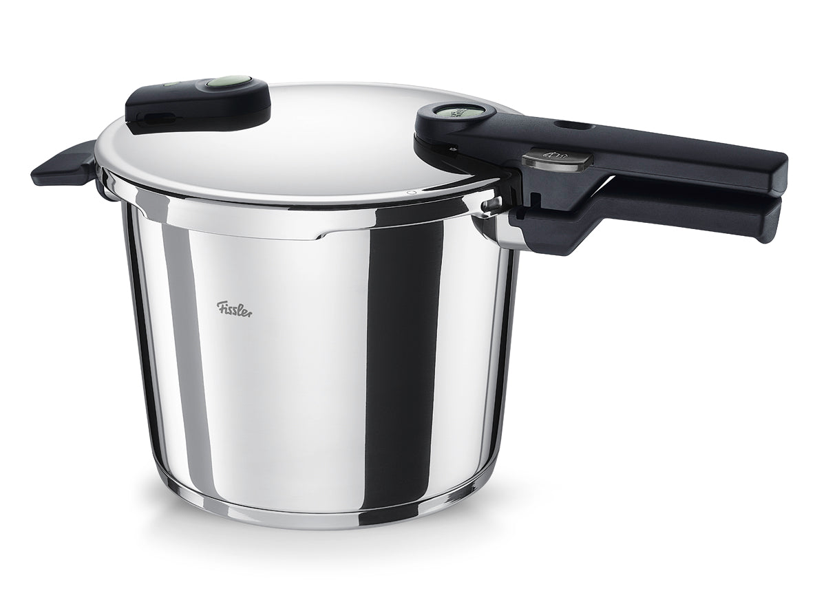 Fissler Vitaquick® Elemental pressure cooker in sage green with black handles and securely closing lid - modern, durable "Made in Germany".