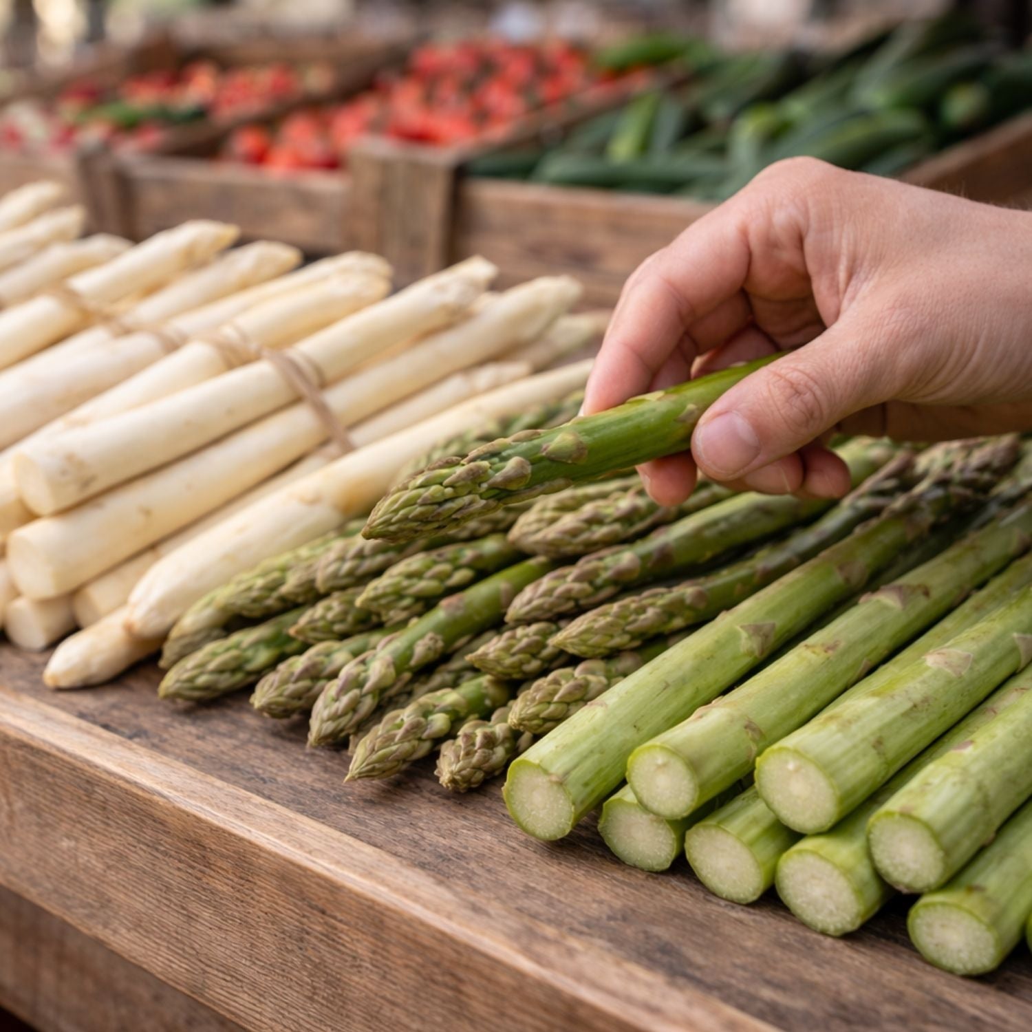 Eine Hand wählt grünen Spargel auf einem lebhaften Markt im Freien aus, der an frische Zutaten erinnert, die ideal für das hervorragende Fissler-Kochgeschirr sind.