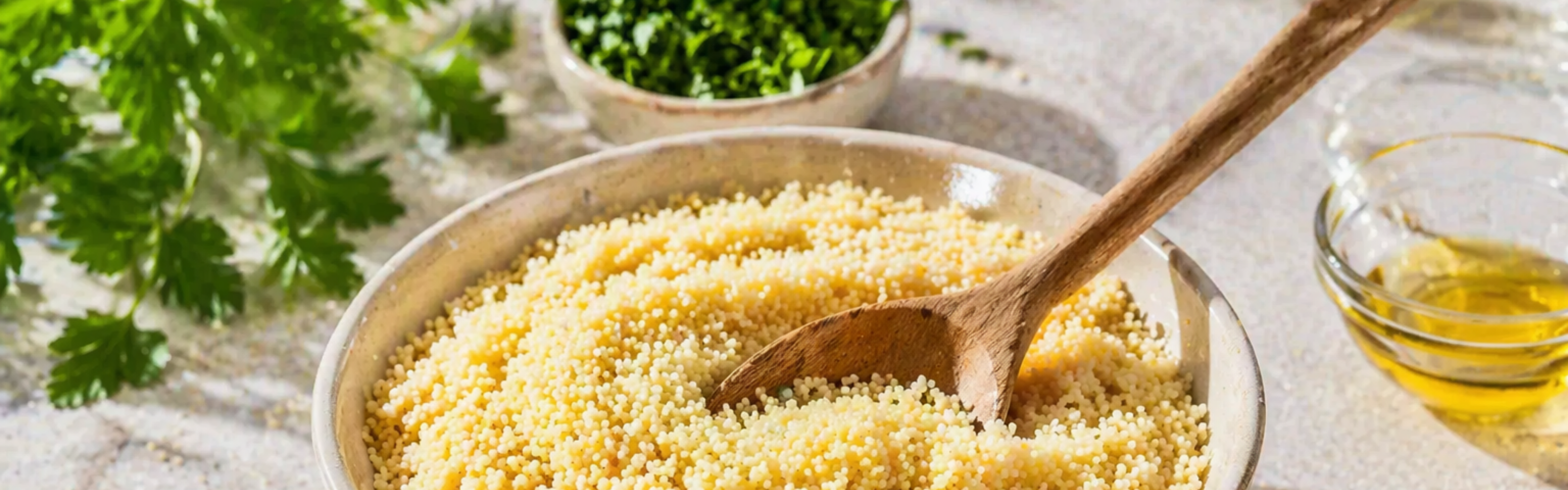 Eine Schüssel mit trockenem Couscous neben einem Fissler-Edelstahltopf, dazu ein Holzlöffel, frische Petersilie, gehackte Kräuter und eine kleine Schale mit Olivenöl, arrangiert auf einer hellen Arbeitsplatte – ein Beispiel für die Präzision und das zeitlose Design von Kochgeschirr aus deutscher Fertigung.
