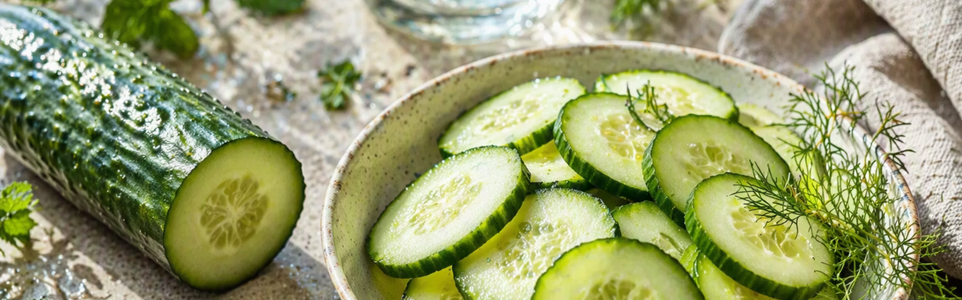 Auf einem wunderschön gedeckten Tisch steht eine Schale mit frisch geschnittenen Gurken, garniert mit Dill und umgeben von duftenden Kräutern, neben einer teilweise aufgeschnittenen Gurke. Daneben rundet ein Glas Wasser das Bild ab. Dieses zeitlose Arrangement, das mit Präzision unter Verwendung von Fisslers hochwertigem Küchenzubehör aus Edelstahl gestaltet wurde, unterstreicht die Langlebigkeit, Innovation und handwerkliche Qualität, die jedes Fissler-Produkt auszeichnen.