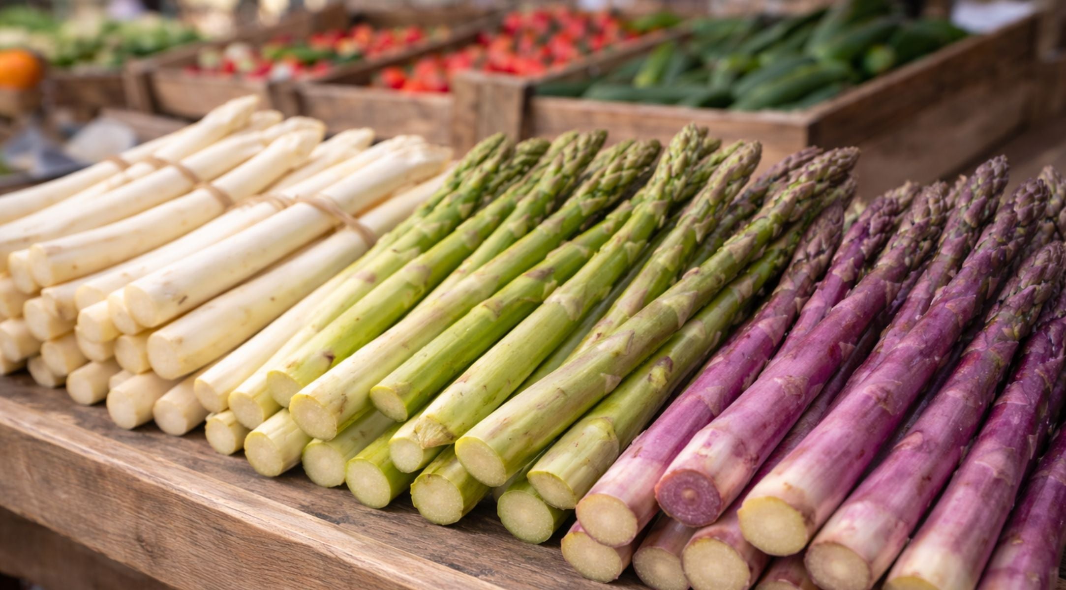 Frischer weißer, grüner und violetter Spargel auf einem rustikalen Ständer, der an das Präzisionskochgeschirr von Fissler für die Zubereitung von erstklassigem Gemüse erinnert.