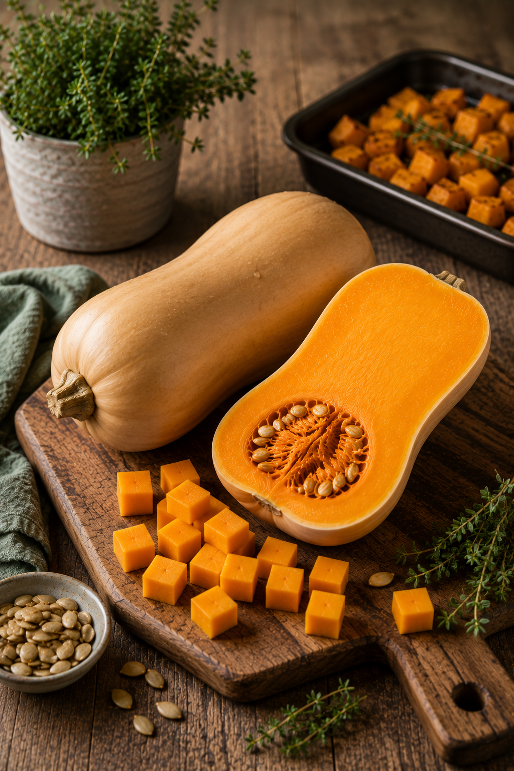 A halved butternut squash revealing its seeds rests on a wooden board, accompanied by diced squash prepared with precision. Nearby, a bowl of freshly scooped seeds and sprigs of aromatic thyme highlight attention to detail, while in the background, golden roasted cubes glisten on a tray—showcasing ingredients ready for timeless creations with German-engineered cookware from Fissler.