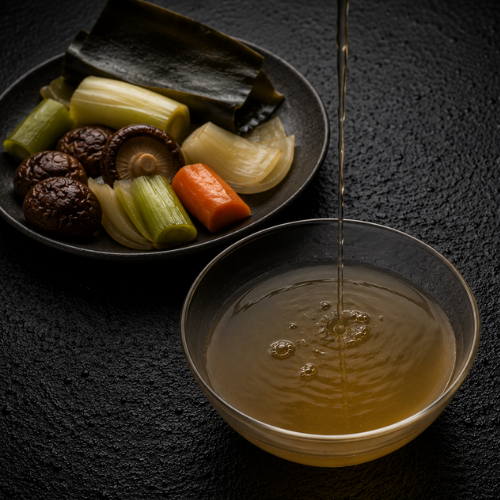 A clear bowl of broth is elegantly poured, accompanied by a plate of fresh vegetables and seaweed (including mushrooms, carrots, onions, leeks, and kombu) on a dark textured surface. The scene highlights the precision and timeless design of Fissler cookware—engineered for optimal performance in preparing nourishing broths with quality ingredients.