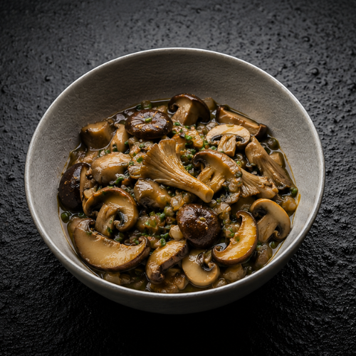 A bowl of mixed sautéed mushrooms in a savory sauce, finished with fresh herbs, rests elegantly on a dark textured surface—exquisitely prepared with Fissler’s precision-engineered stainless steel cookware for superior results and timeless presentation.