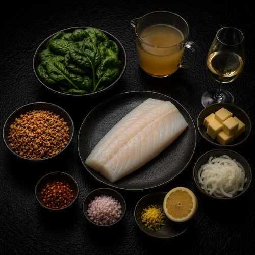Raw white fish fillets arranged on a plate, ready for preparation with Fissler cookware. Surrounding the plate are bowls of fresh spinach, cubed butter, sliced onions, lemon wedges and zest, diced shallots, red pepper flakes, fried shallots, broth, and a glass of white wine—all set atop a dark surface that highlights the ingredients and evokes the timeless design and precision of Fissler’s quality German-engineered kitchenware.
