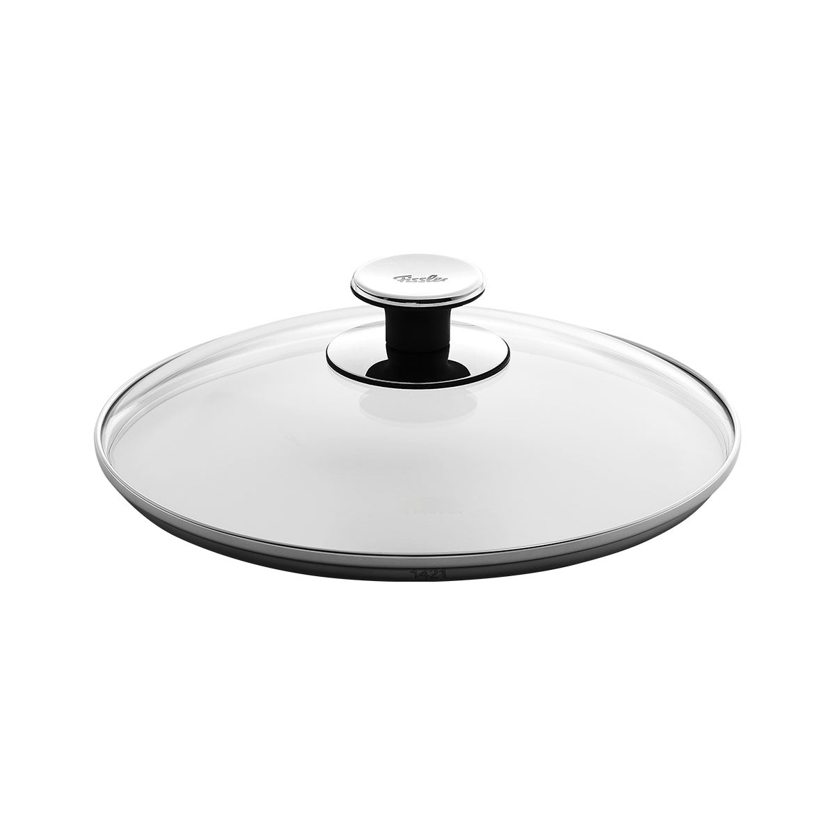 Hochwertiger Glasdeckel aus dem 3-teiligen Pfannenzubehör-Set von Fissler, der Traditionsmarke, die für ihre Präzisionstechnik bekannt ist, mit einem robusten Metallrand und einem schwarzen, hitzebeständigen Griff.