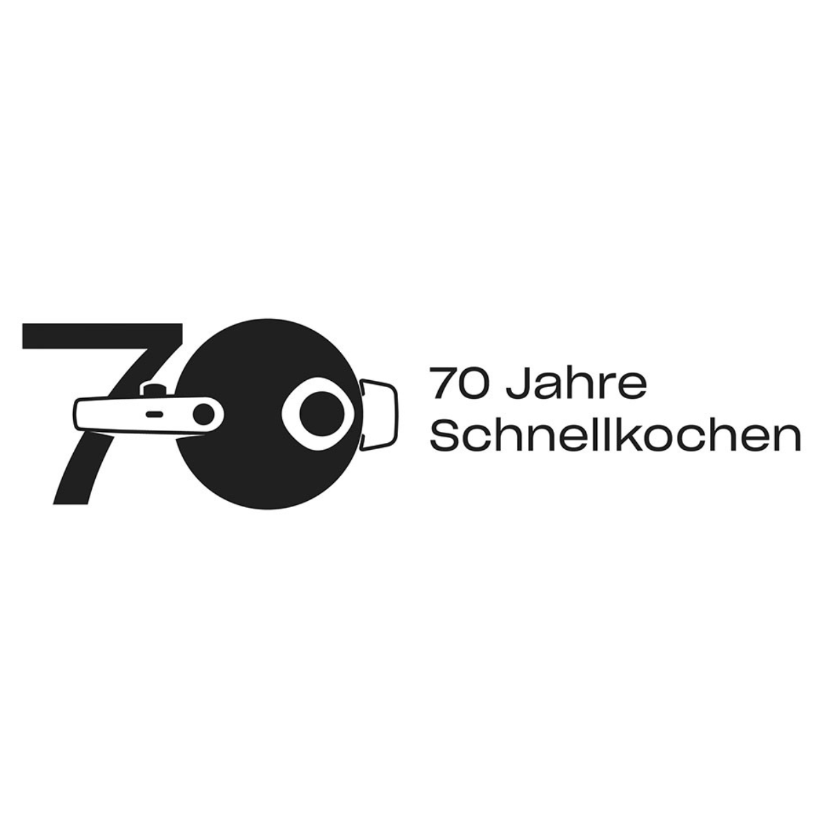 Black and white graphic: large 70, with the 0 resembling a Fissler pressure cooker. Text to the right: "70 Years of Pressure Cooking" - 70 Years of Innovation.
