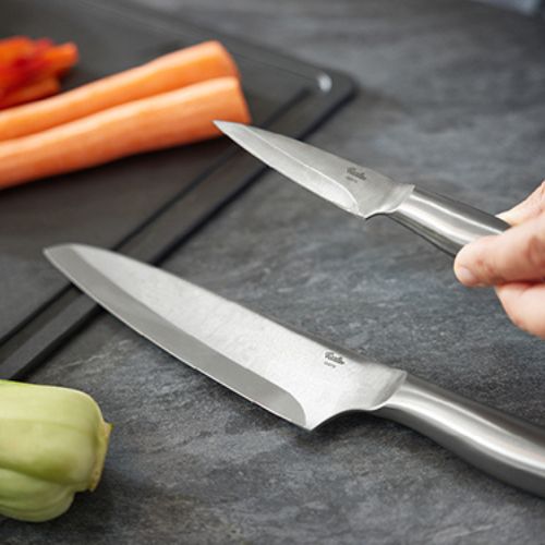Fissler-Edelstahlmesser auf einer grauen Arbeitsplatte, eines in der Hand. In Scheiben geschnittene Karotten und grünes Gemüse auf einem schwarzen Schneidebrett.