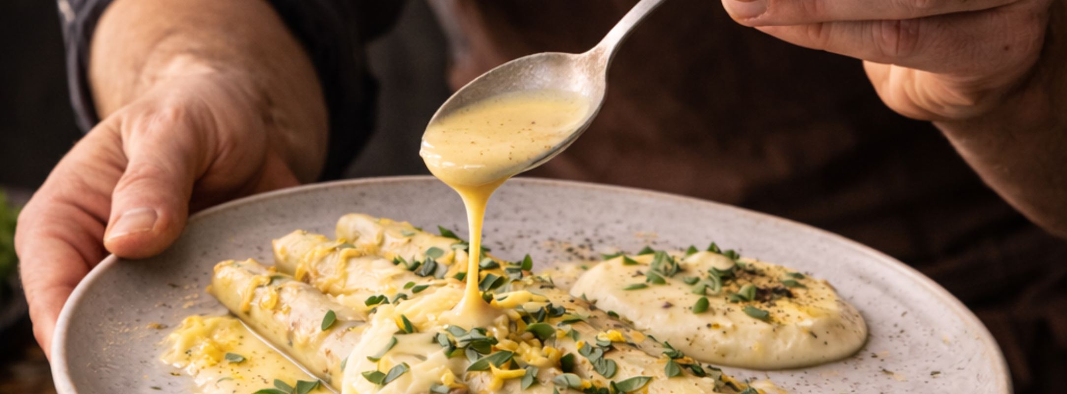 White asparagus with herbs, elegantly presented with Fissler cookware, showcasing precision and timeless German design.
