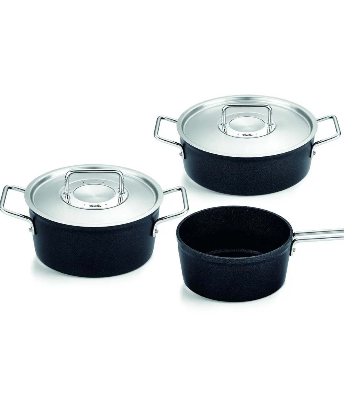 Black Cookware by Fissler: two pots with stainless steel handles and Lid, plus a Saucepan with a long handle, all on a white background.