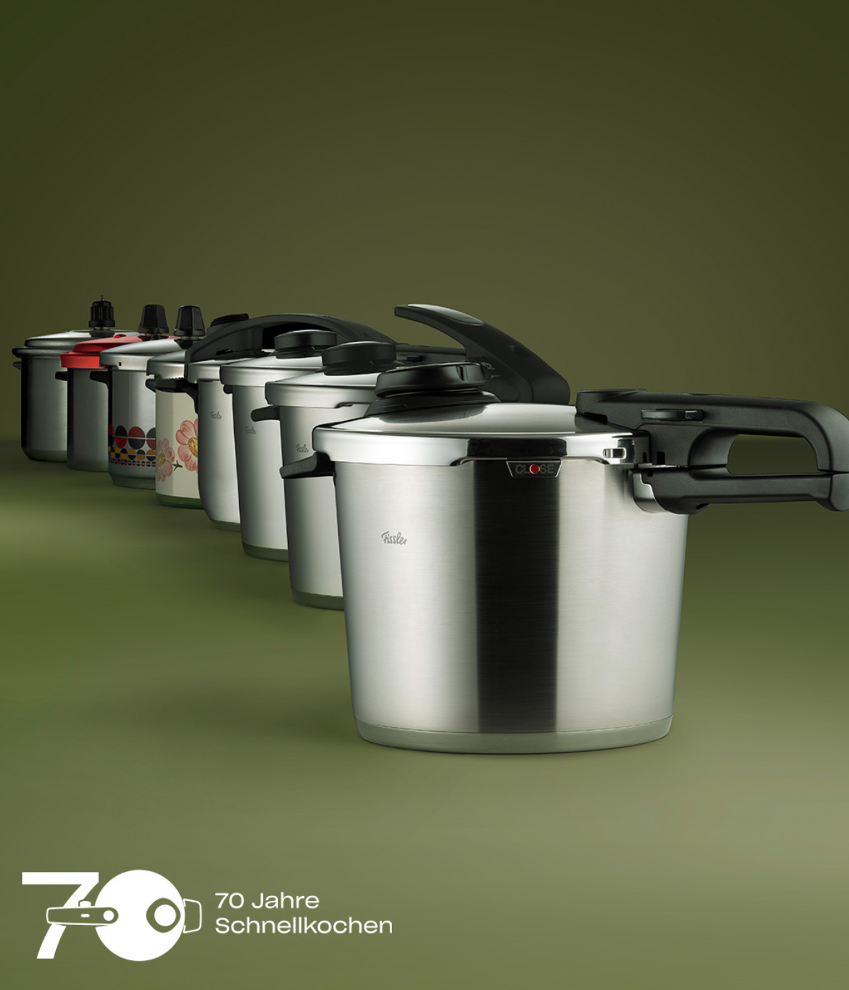 A selection of Fissler stainless steel pressure cookers in various sizes, with the "70 Years of Pressure Cooking" logo on a green background.
