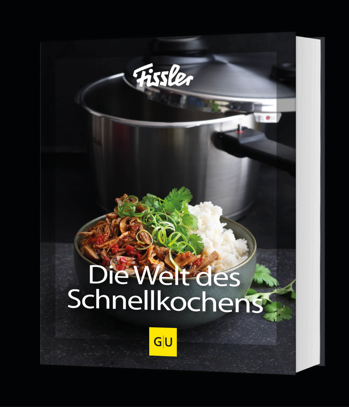 A Fissler stainless steel pressure cooker stands behind a cookbook, "Die Welt des Schnellkochens" (The World of Pressure Cooking), featuring rice and meat on the cover.