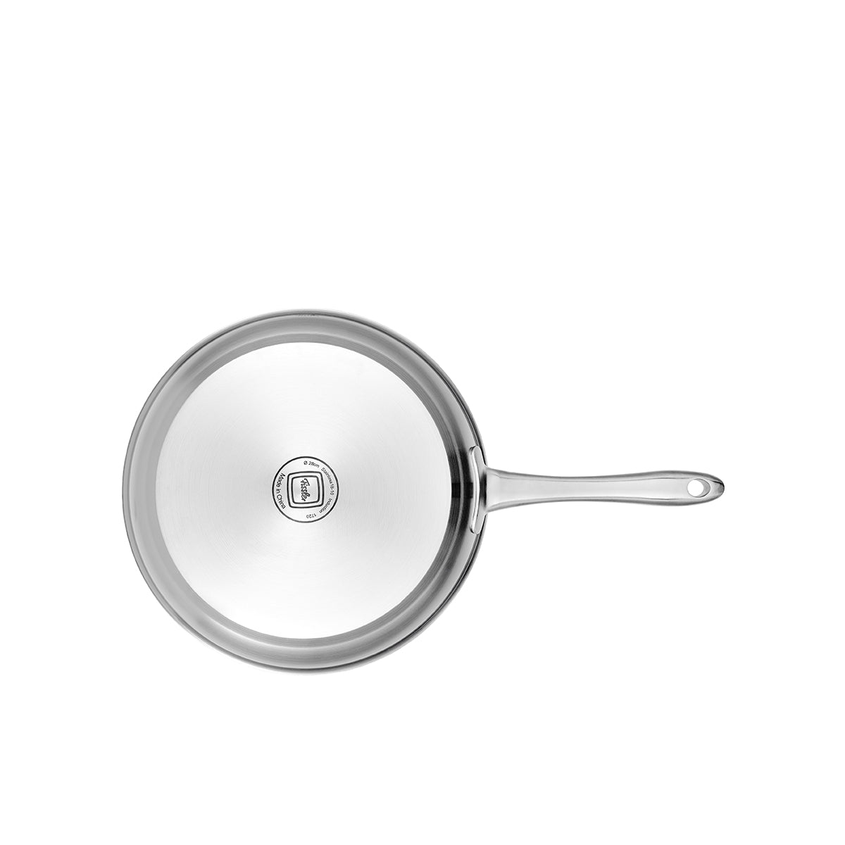 Top view of the Fissler Catania pan, stainless steel with long handle and logo, suitable for all induction hobs.