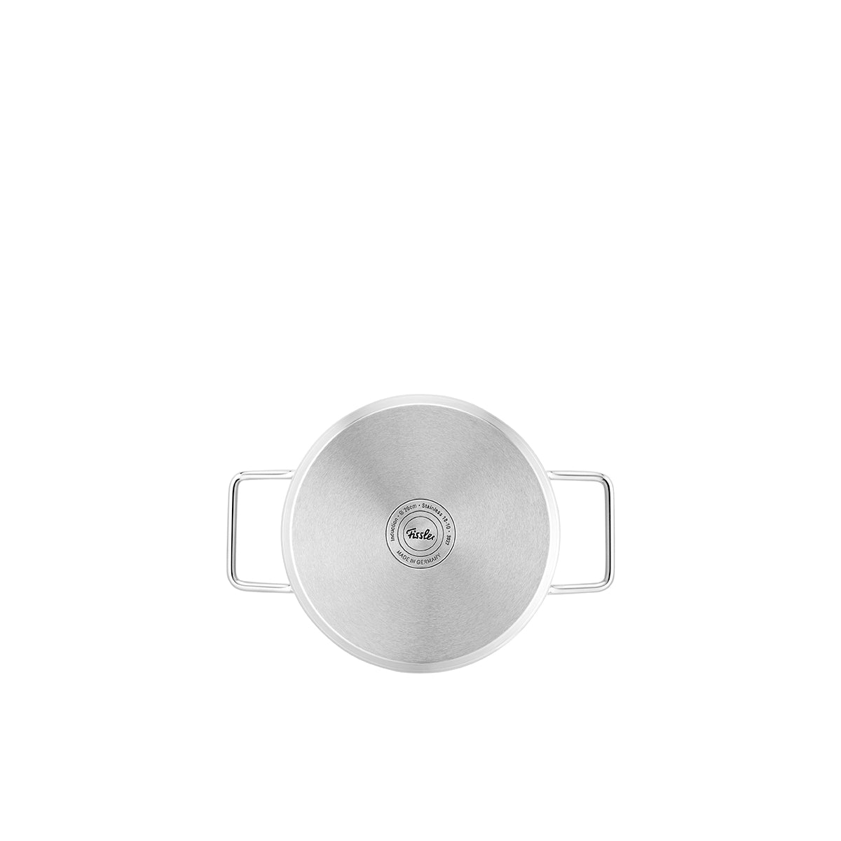 Top view of the Fissler Pure Collection stainless steel pot with glass lid, two handles, and the characteristic logo - Precision Made in Germany.